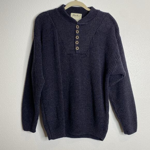 Vtg Eddie Bauer Sweater Mens M Grey Henley Fisherman Heavyweight Knit Pullover - Picture 1 of 6